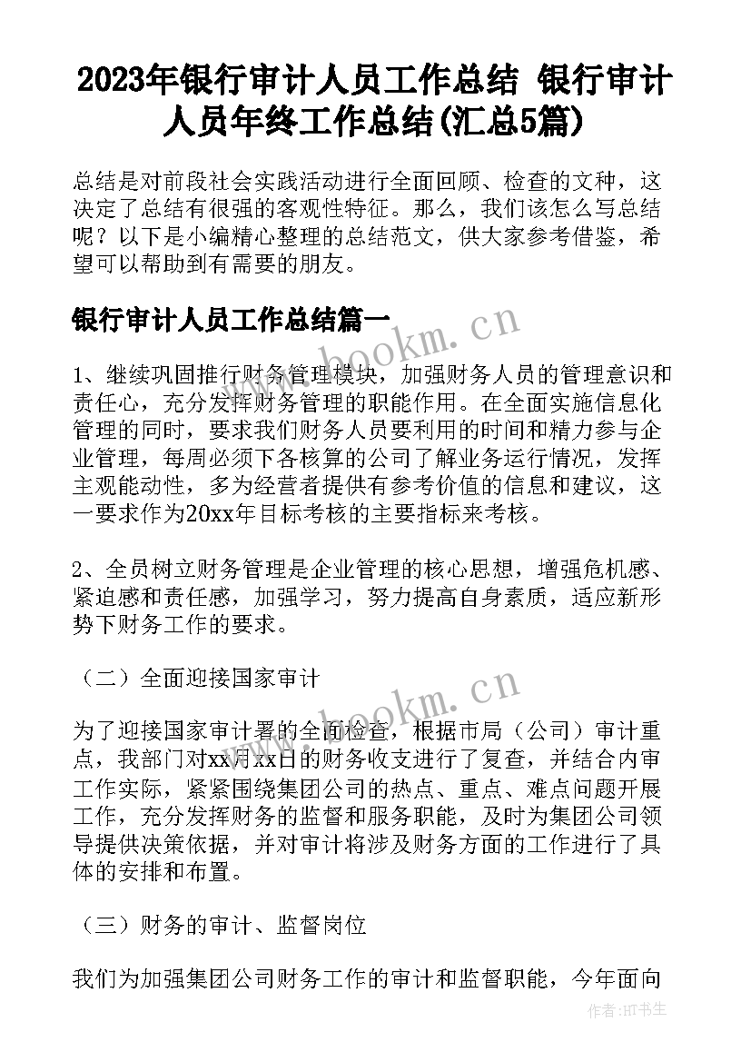 2023年银行审计人员工作总结 银行审计人员年终工作总结(汇总5篇)