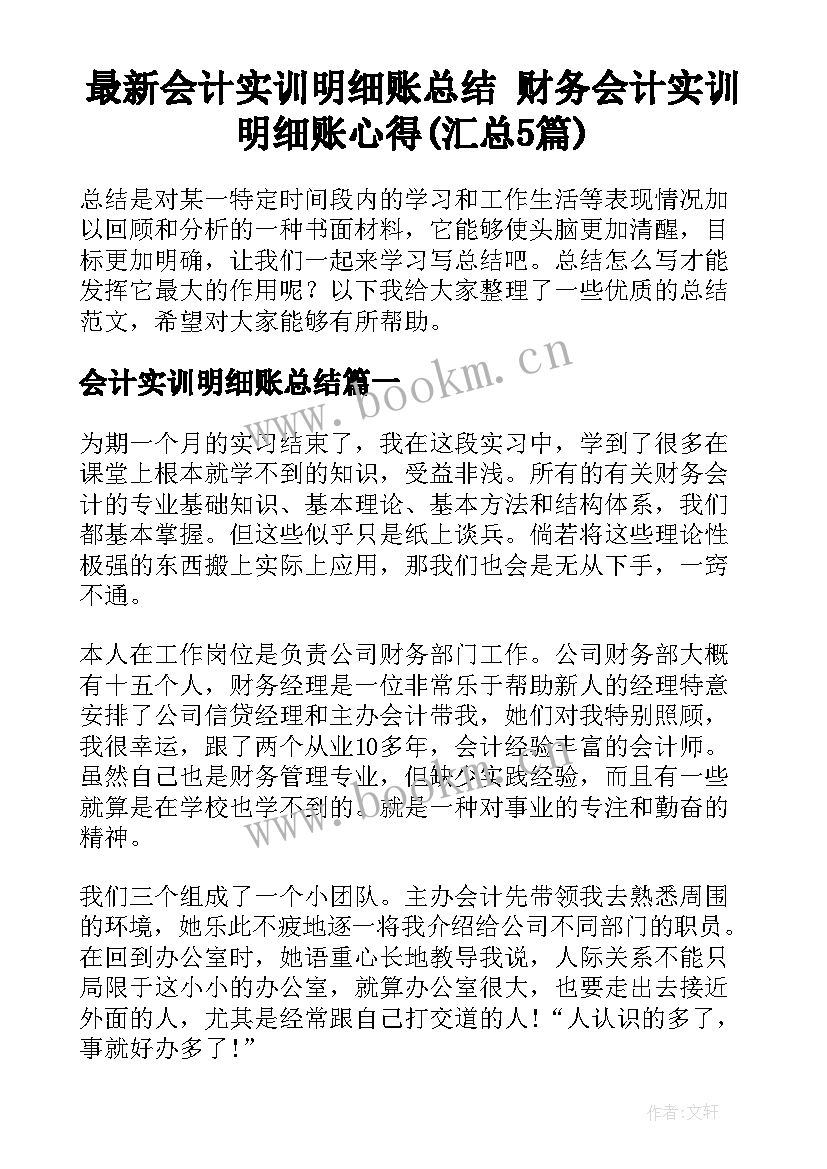 最新会计实训明细账总结 财务会计实训明细账心得(汇总5篇)