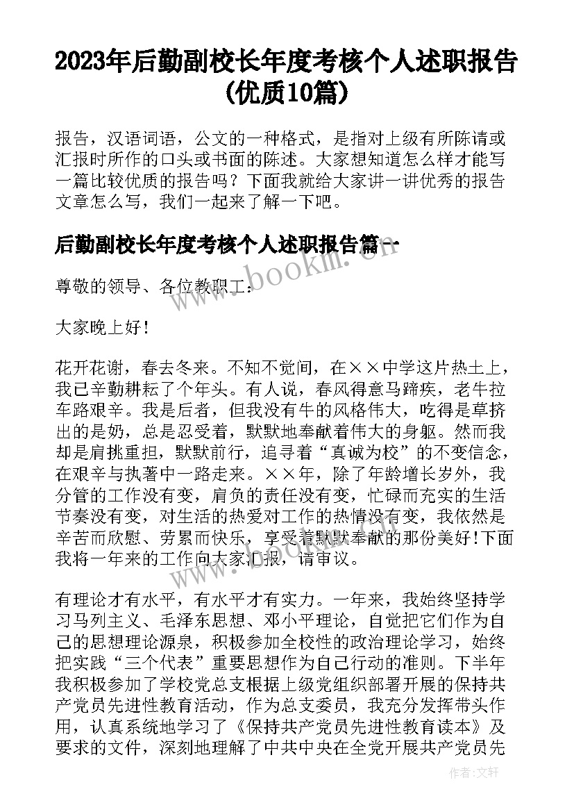 2023年后勤副校长年度考核个人述职报告(优质10篇)