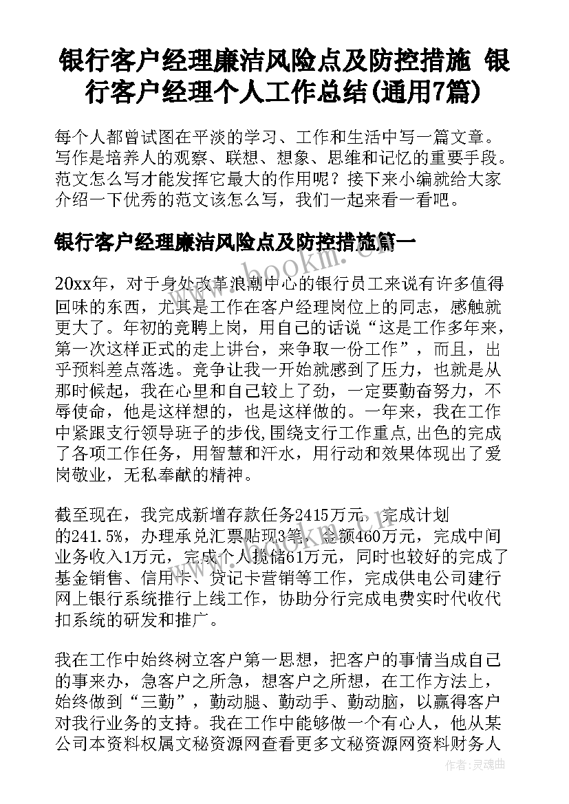 银行客户经理廉洁风险点及防控措施 银行客户经理个人工作总结(通用7篇)