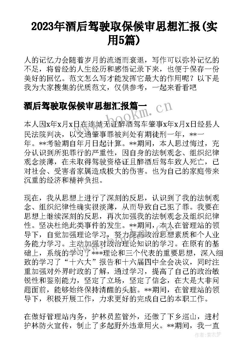 2023年酒后驾驶取保候审思想汇报(实用5篇)