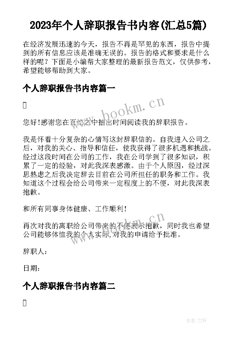 2023年个人辞职报告书内容(汇总5篇)