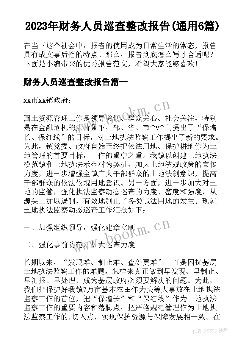 2023年财务人员巡查整改报告(通用6篇)