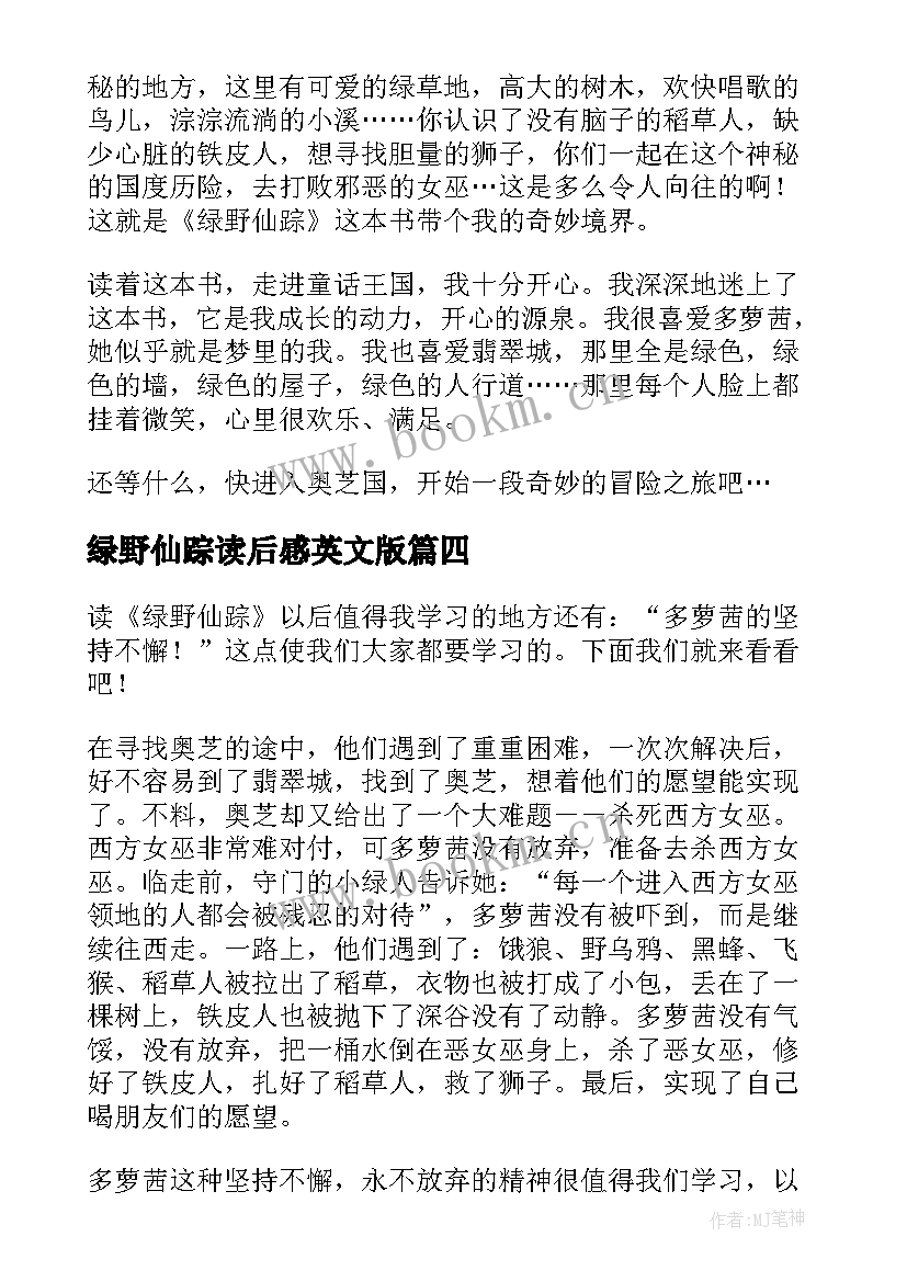 2023年绿野仙踪读后感英文版 五年级学生绿野仙踪读后感(通用5篇)