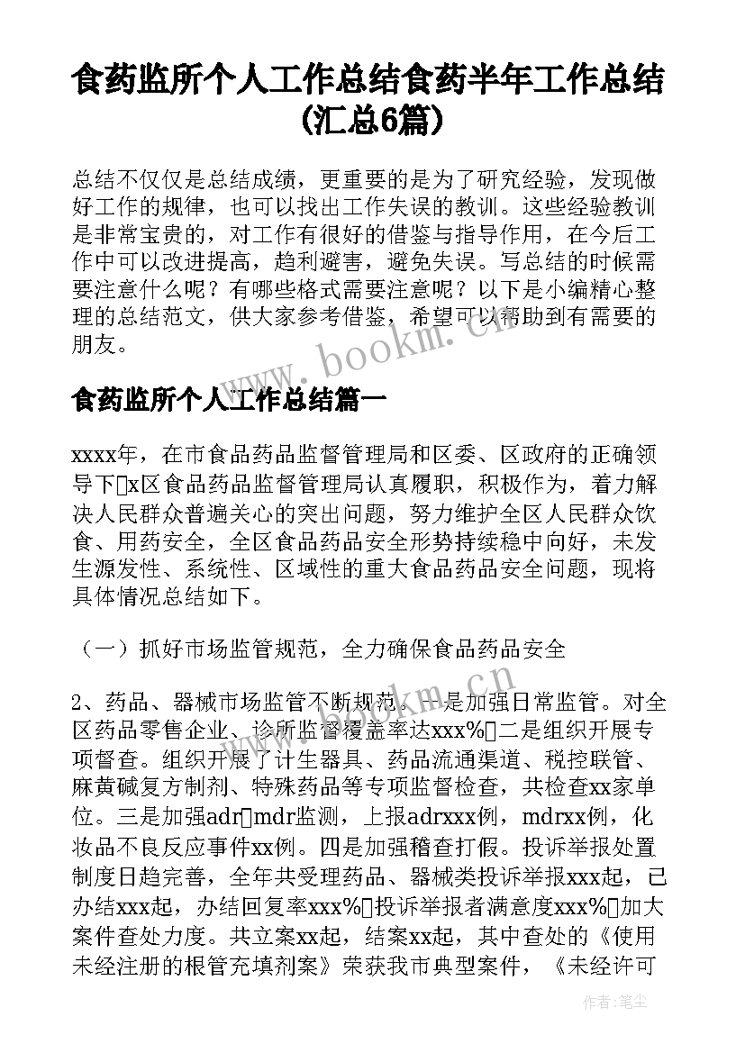 食药监所个人工作总结 食药半年工作总结(汇总6篇)