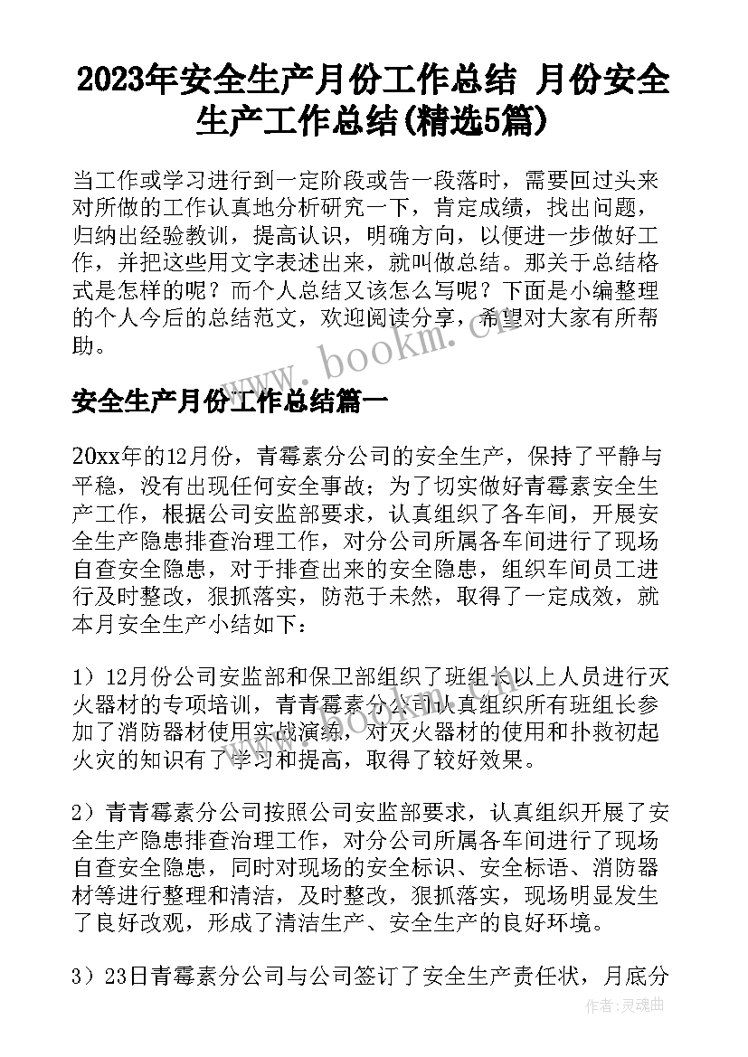 2023年安全生产月份工作总结 月份安全生产工作总结(精选5篇)