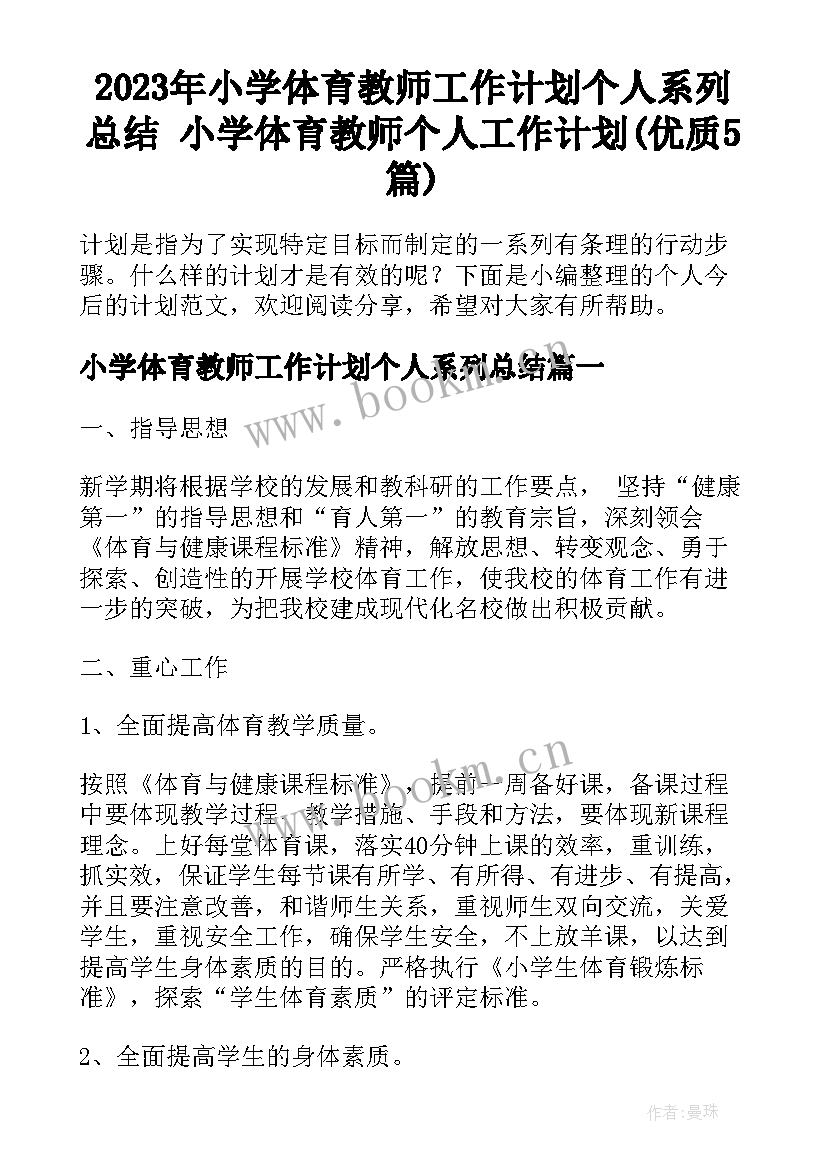 2023年小学体育教师工作计划个人系列总结 小学体育教师个人工作计划(优质5篇)