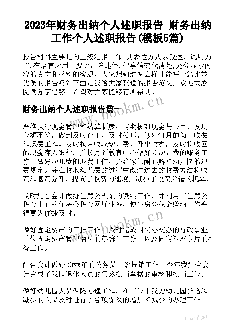 2023年财务出纳个人述职报告 财务出纳工作个人述职报告(模板5篇)