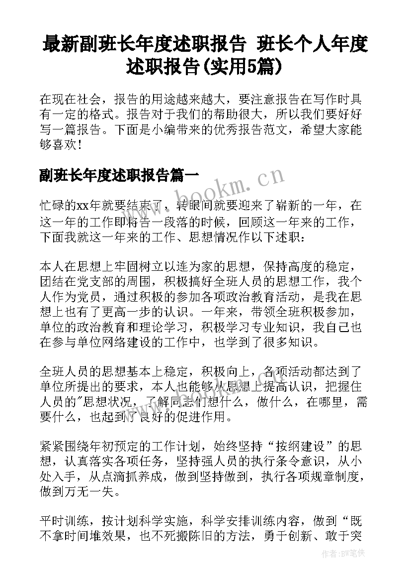 最新副班长年度述职报告 班长个人年度述职报告(实用5篇)