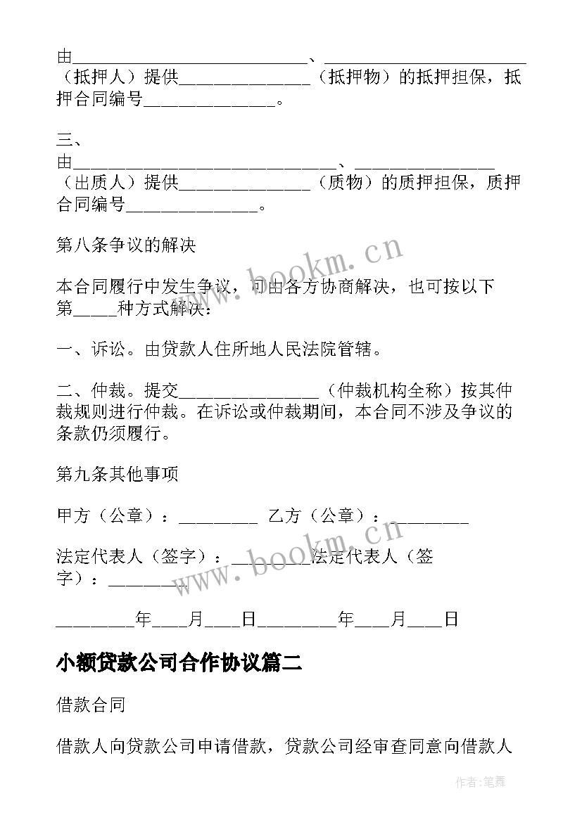 2023年小额贷款公司合作协议 小额贷款公司借款合同(实用5篇)