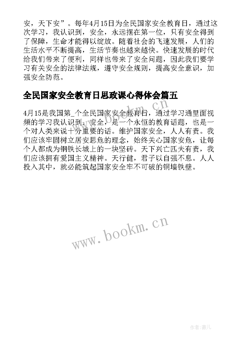 全民国家安全教育日思政课心得体会(优秀5篇)