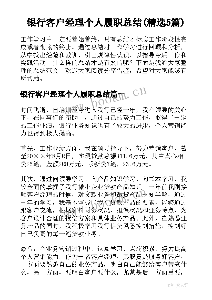 银行客户经理个人履职总结(精选5篇)