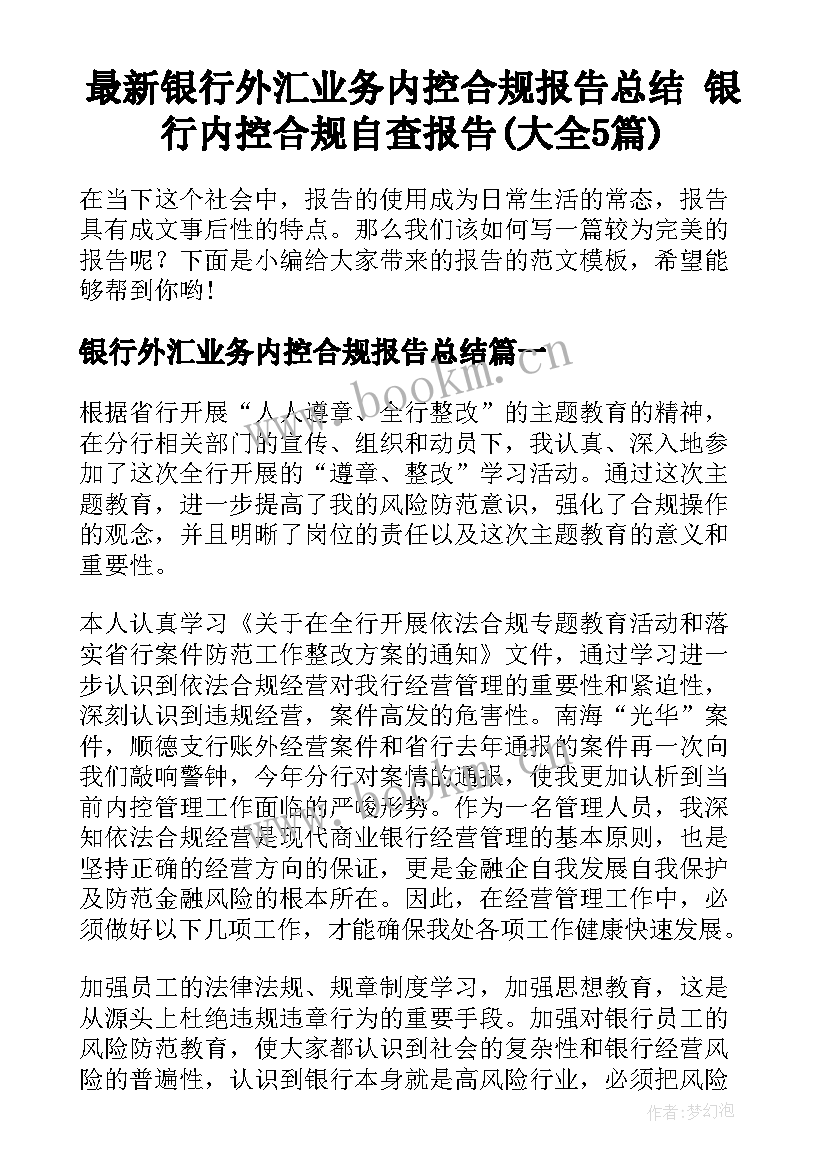 最新银行外汇业务内控合规报告总结 银行内控合规自查报告(大全5篇)