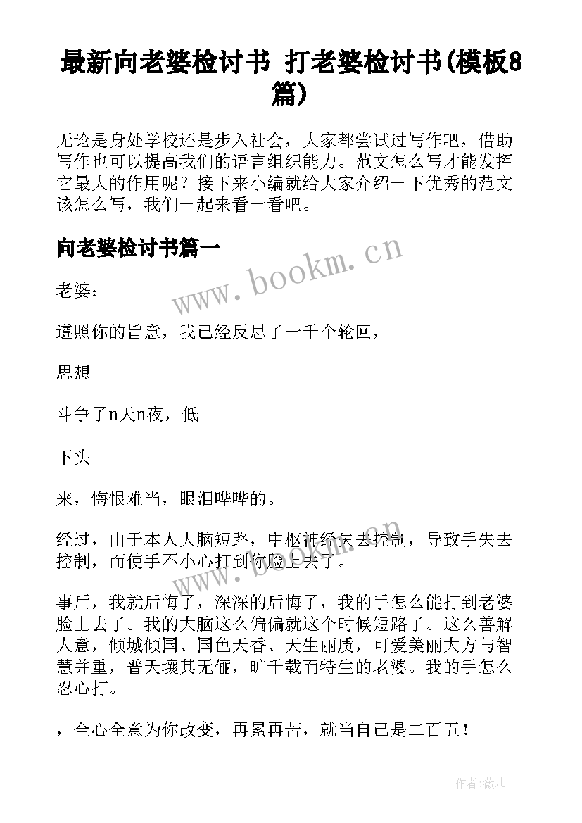 最新向老婆检讨书 打老婆检讨书(模板8篇)