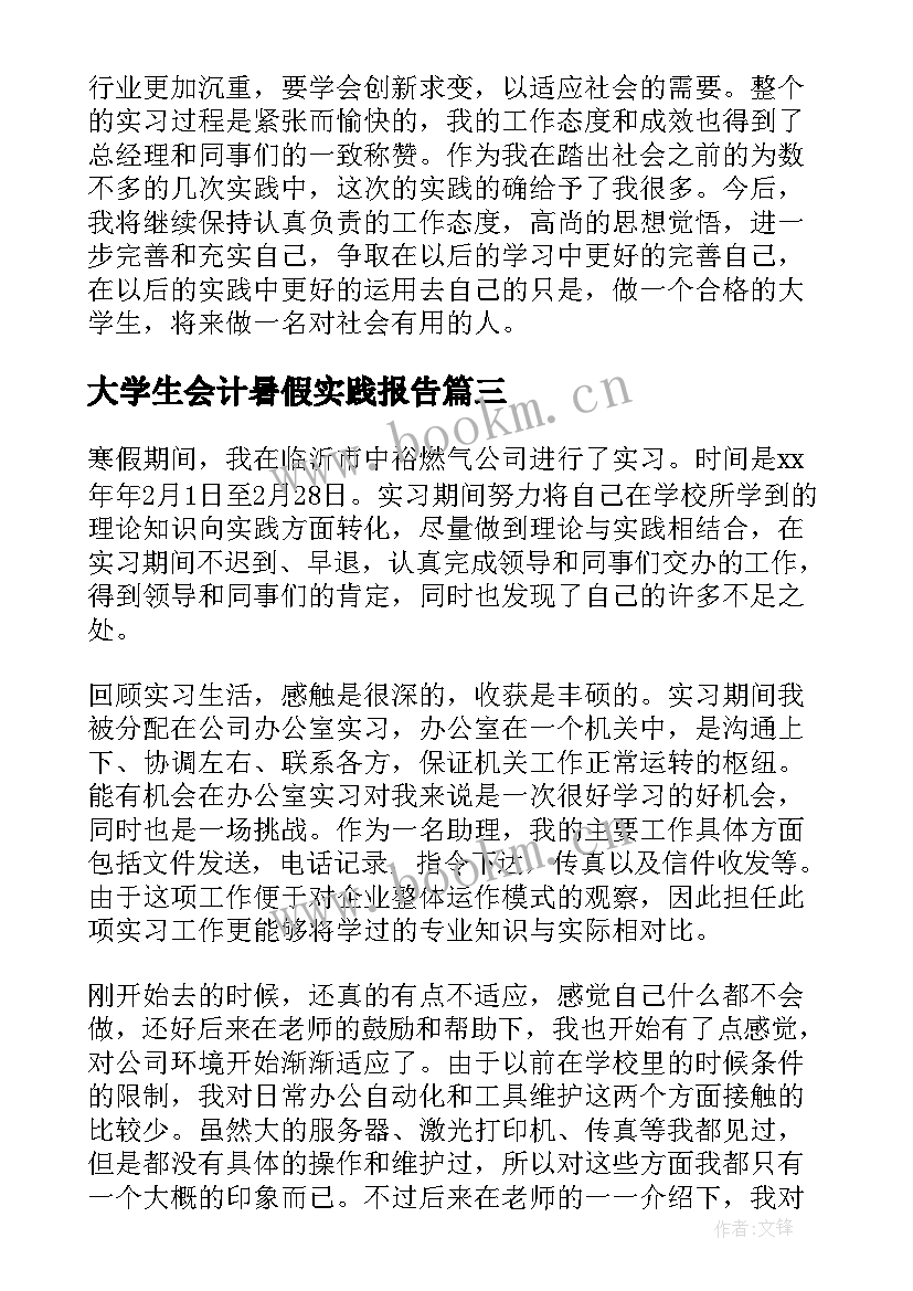 最新大学生会计暑假实践报告 大学生寒假实习报告(优秀7篇)