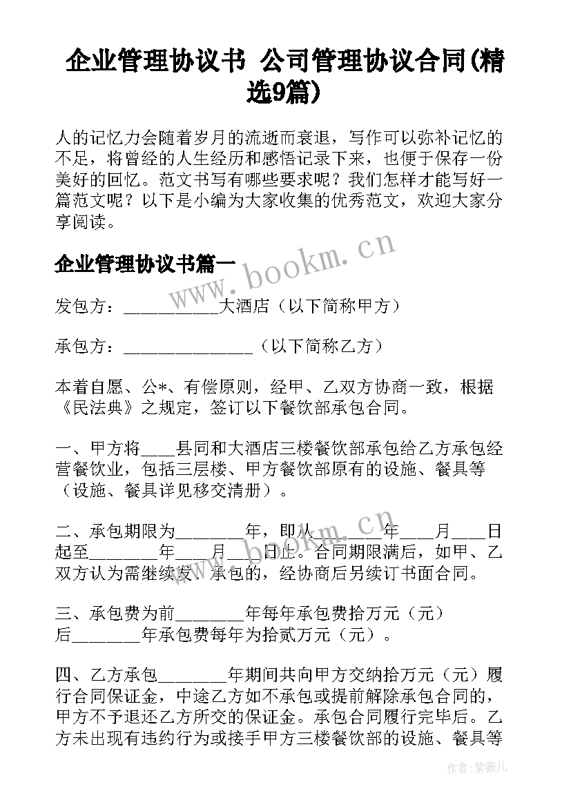 企业管理协议书 公司管理协议合同(精选9篇)