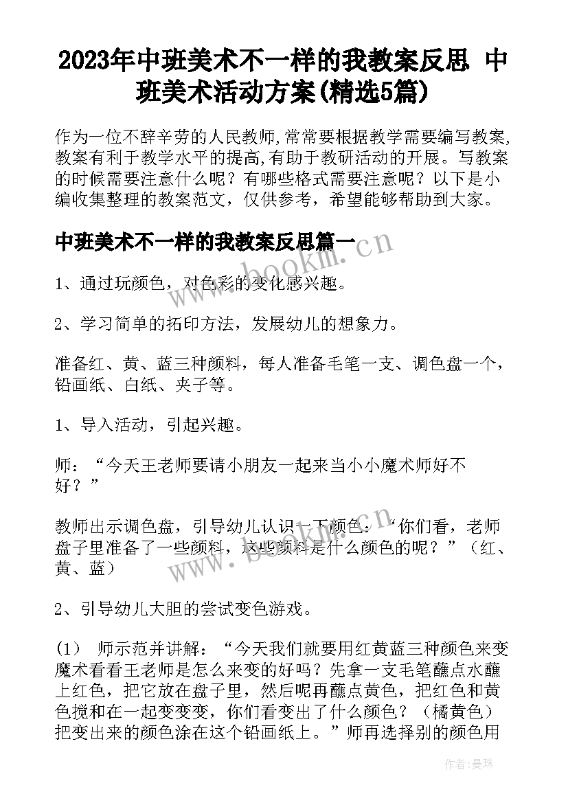 2023年中班美术不一样的我教案反思 中班美术活动方案(精选5篇)