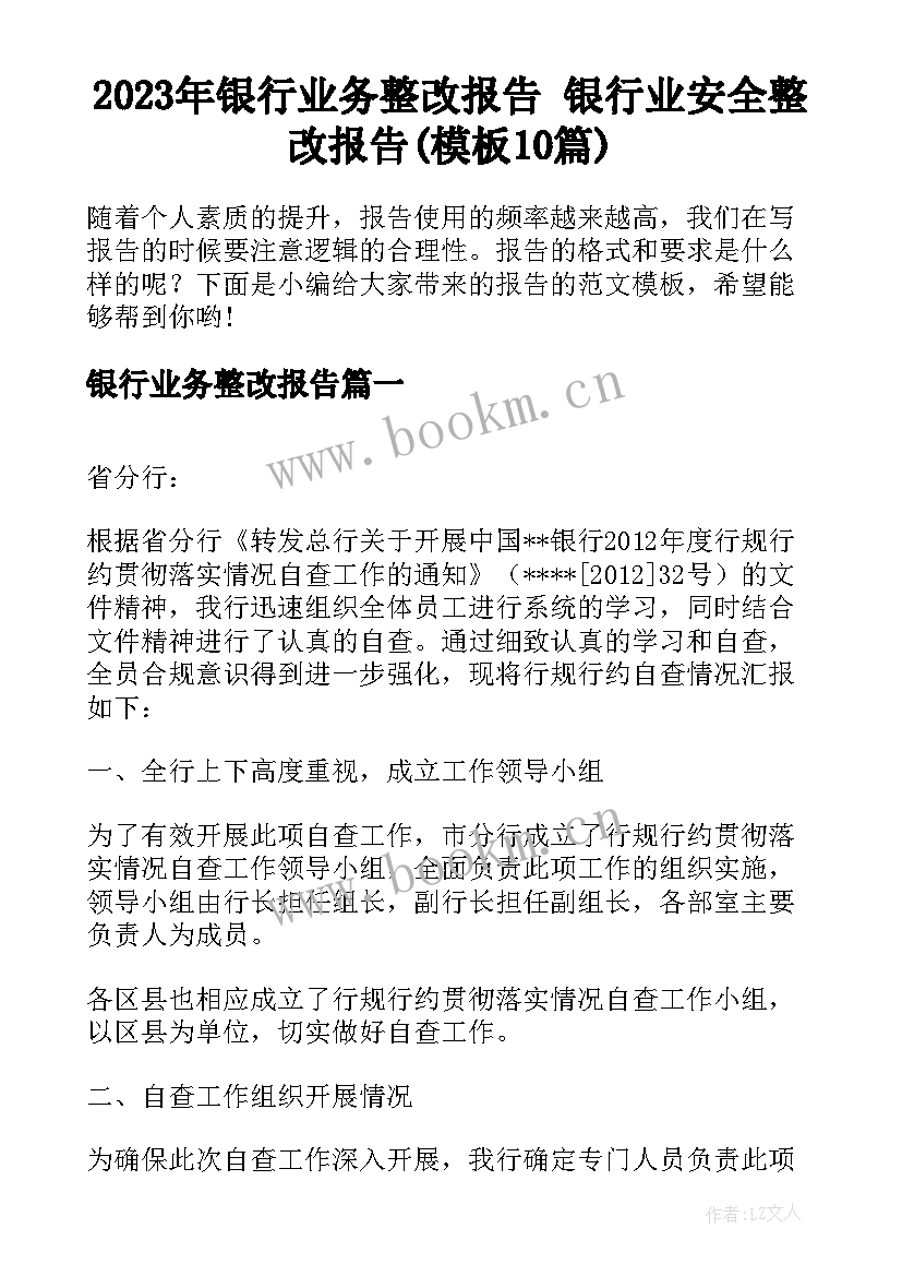 2023年银行业务整改报告 银行业安全整改报告(模板10篇)