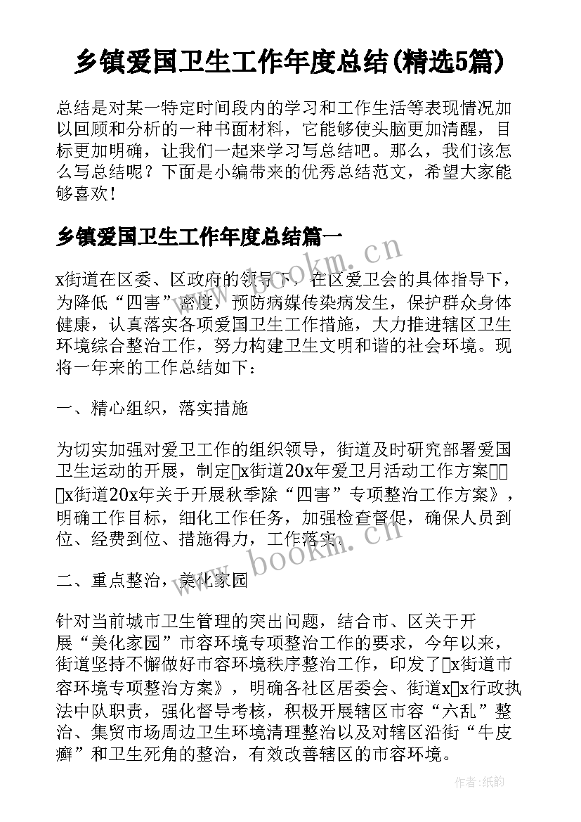 乡镇爱国卫生工作年度总结(精选5篇)