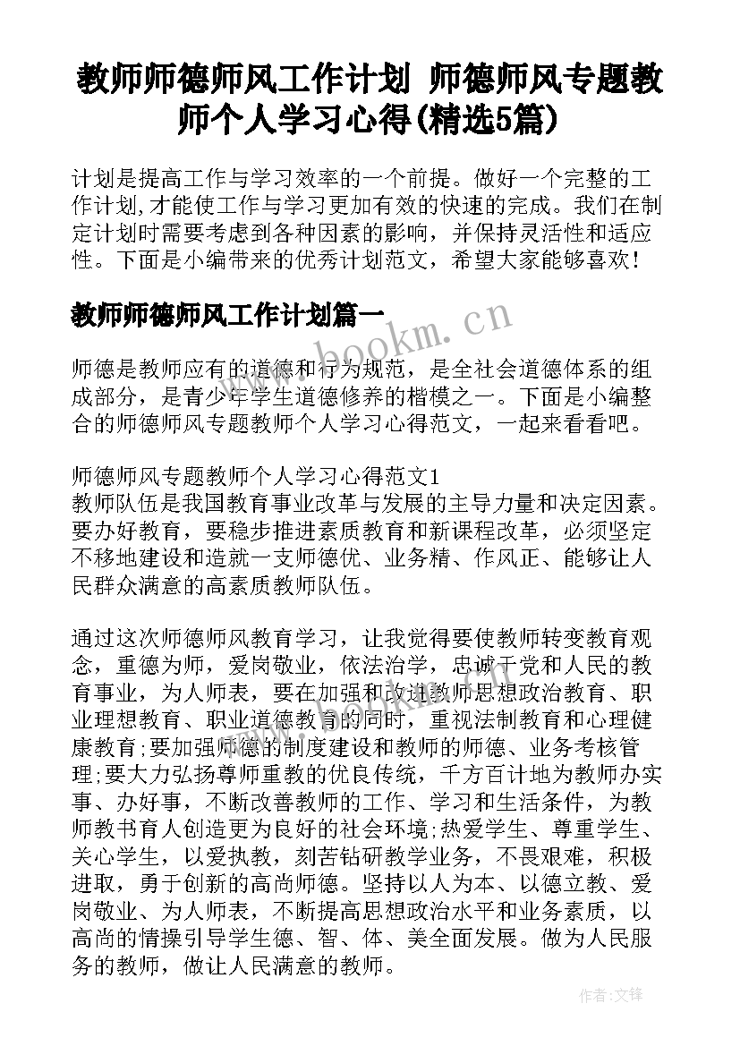 教师师德师风工作计划 师德师风专题教师个人学习心得(精选5篇)