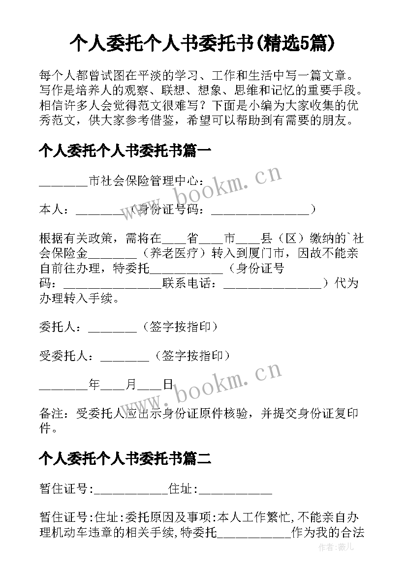 个人委托个人书委托书(精选5篇)