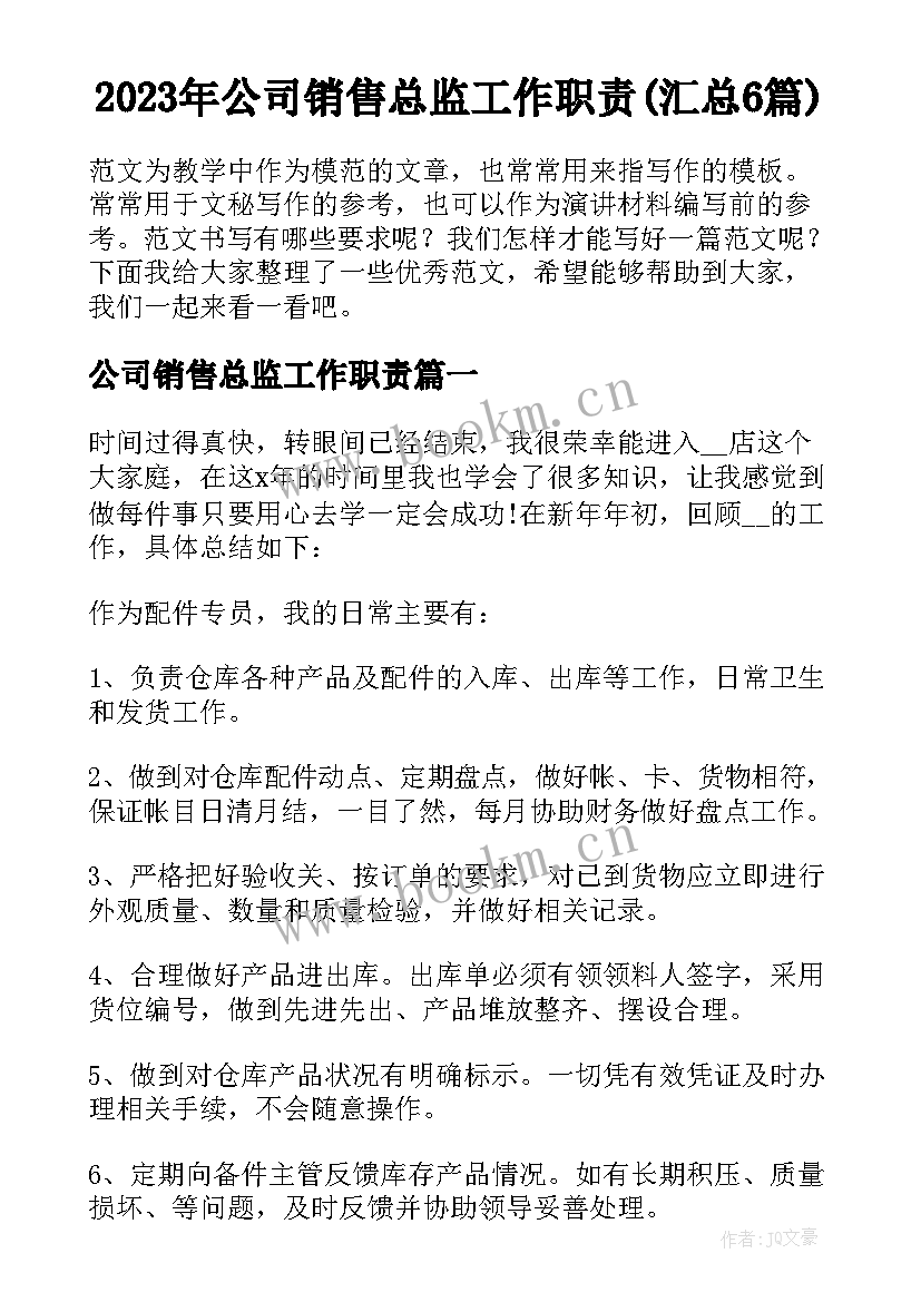 2023年公司销售总监工作职责(汇总6篇)