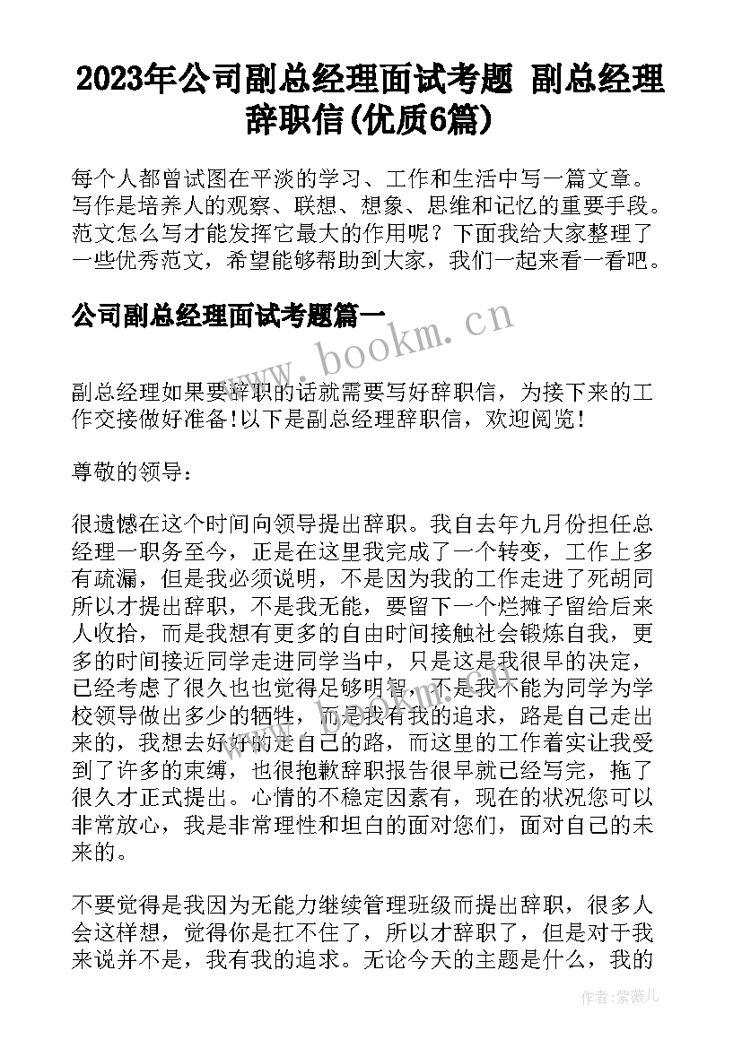 2023年公司副总经理面试考题 副总经理辞职信(优质6篇)