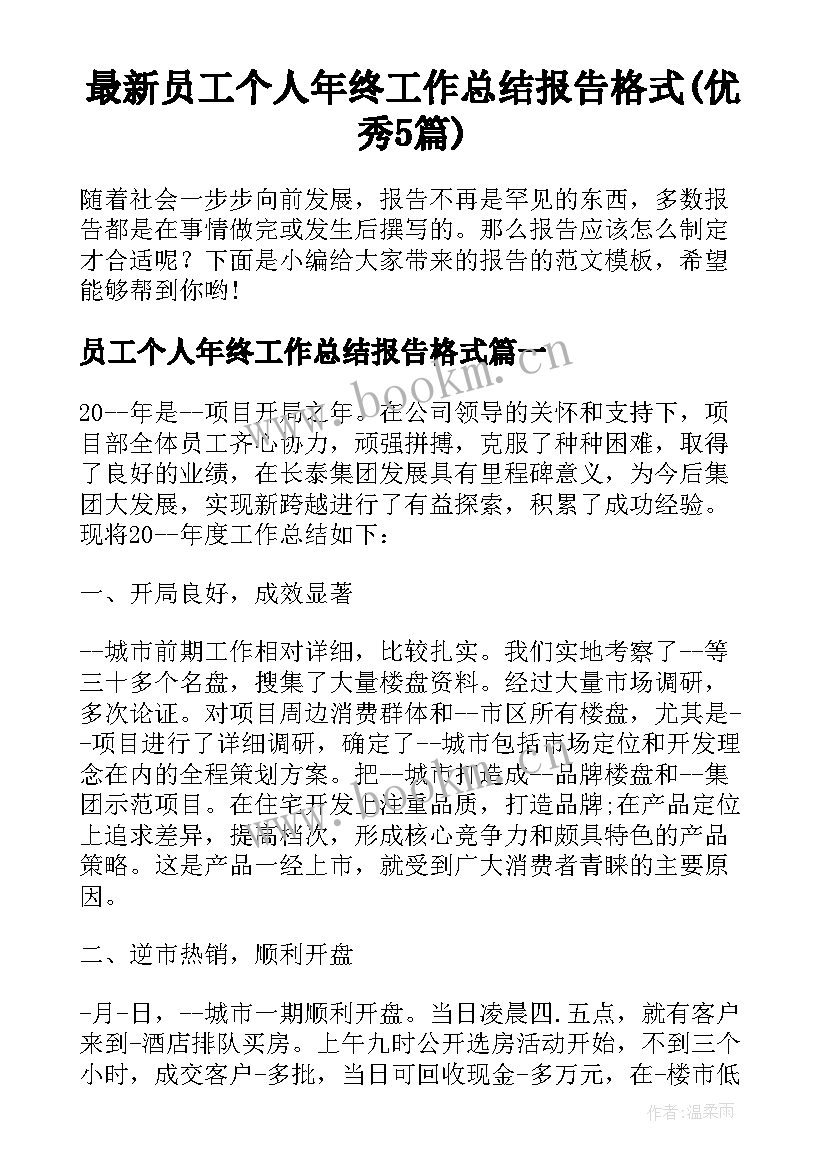 最新员工个人年终工作总结报告格式(优秀5篇)