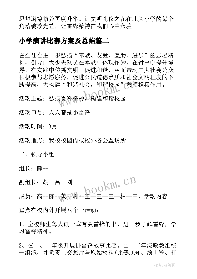 最新小学演讲比赛方案及总结 小学学雷锋树新风演讲比赛活动方案(模板5篇)