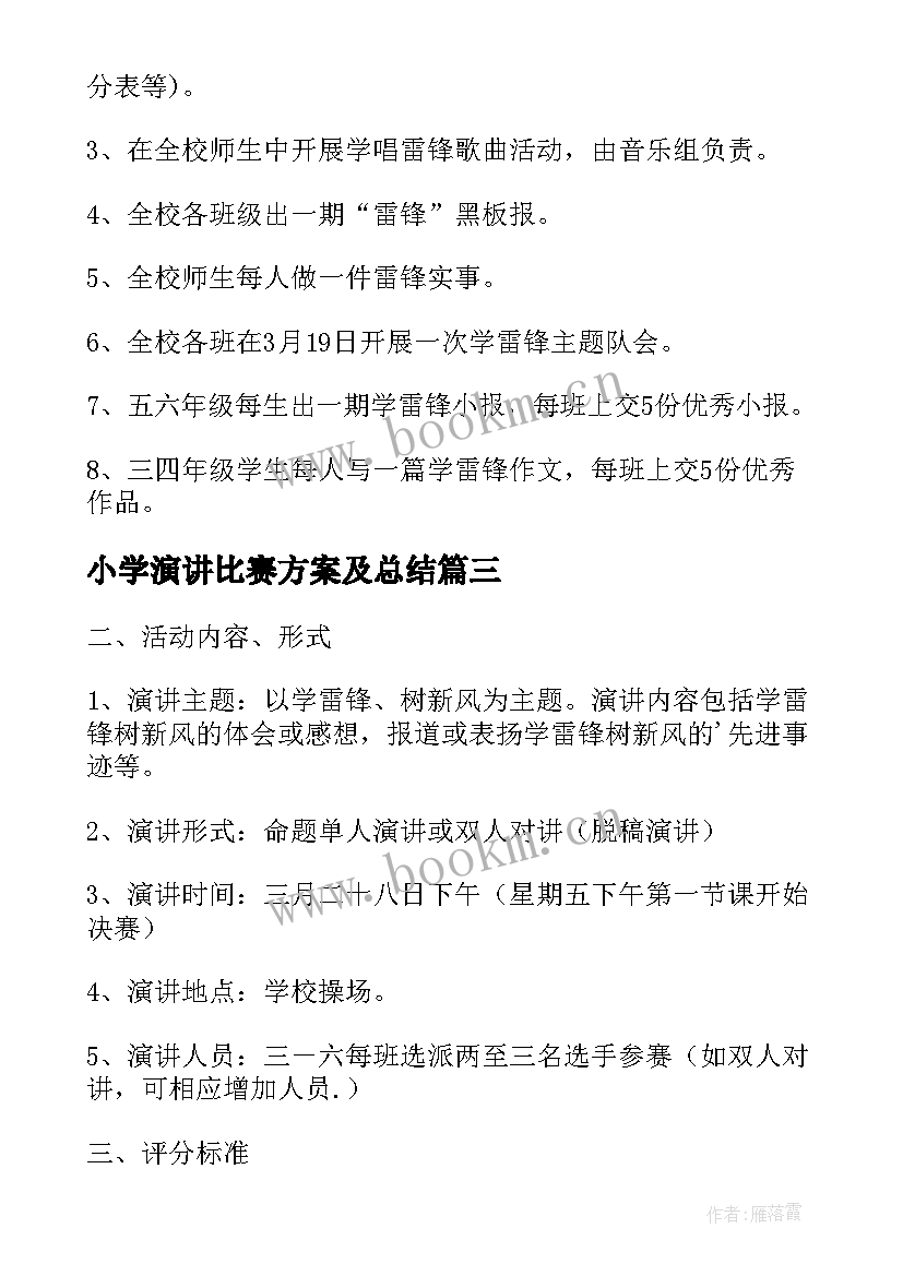 最新小学演讲比赛方案及总结 小学学雷锋树新风演讲比赛活动方案(模板5篇)