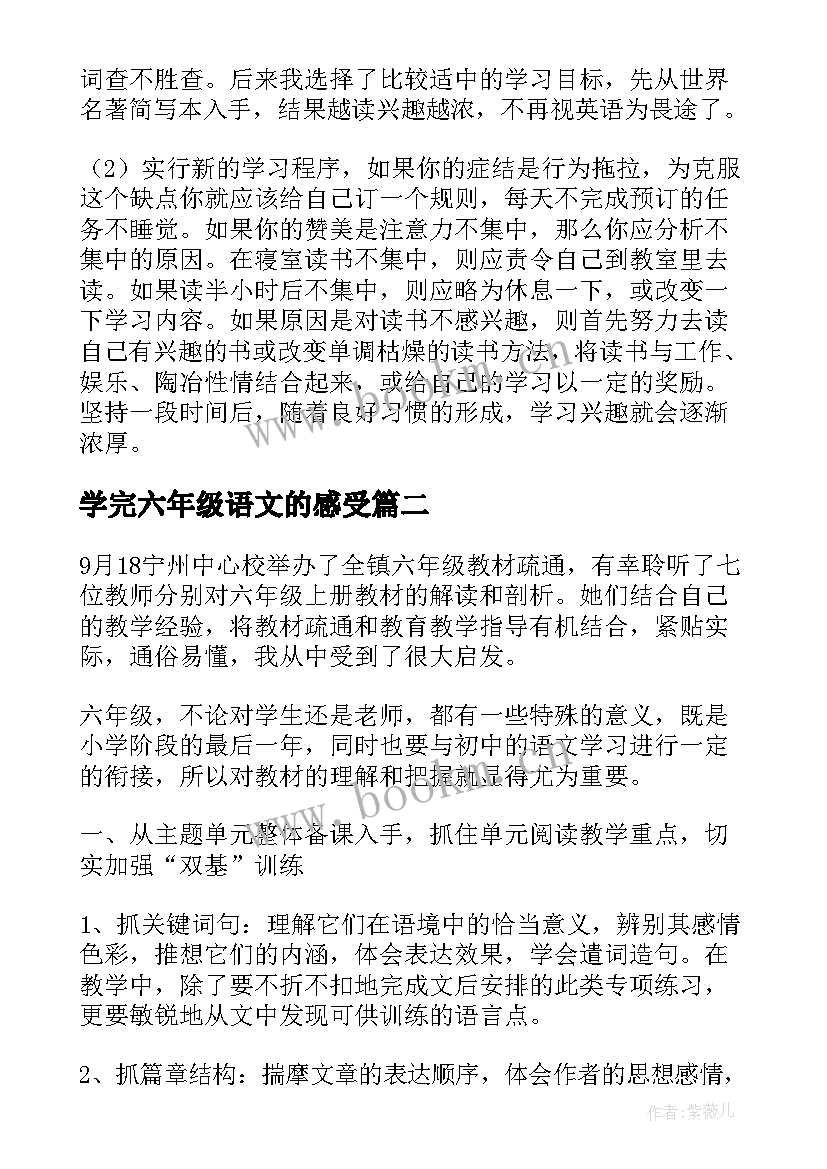 2023年学完六年级语文的感受 六年级小学生语文学习心得体会(汇总5篇)