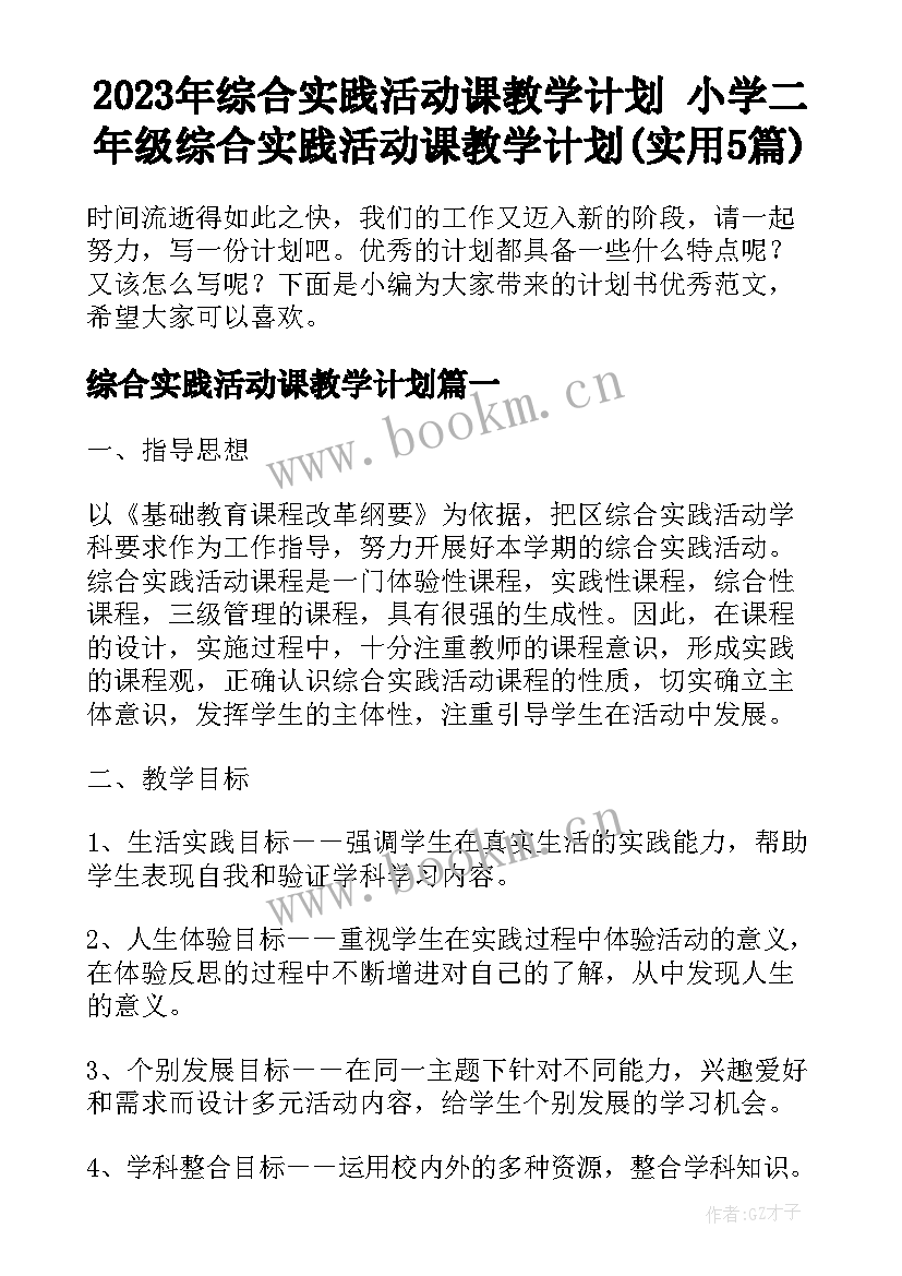 2023年综合实践活动课教学计划 小学二年级综合实践活动课教学计划(实用5篇)