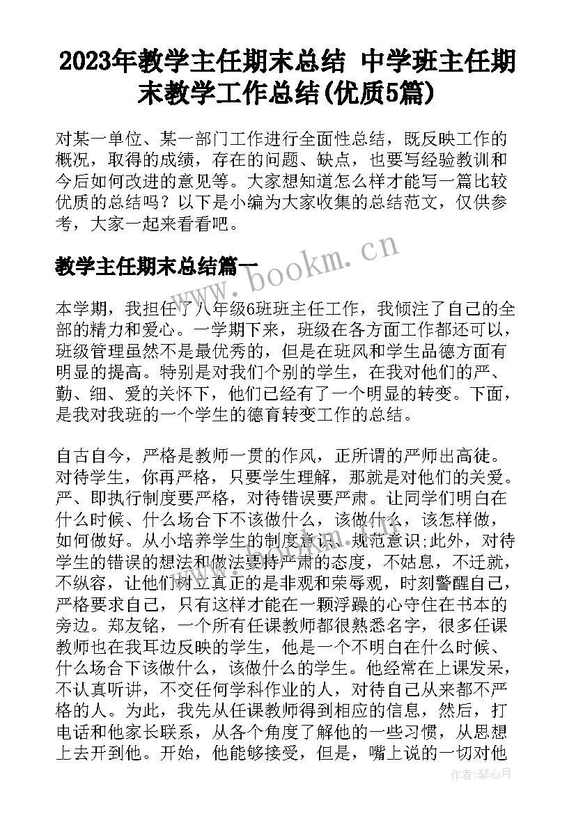 2023年教学主任期末总结 中学班主任期末教学工作总结(优质5篇)