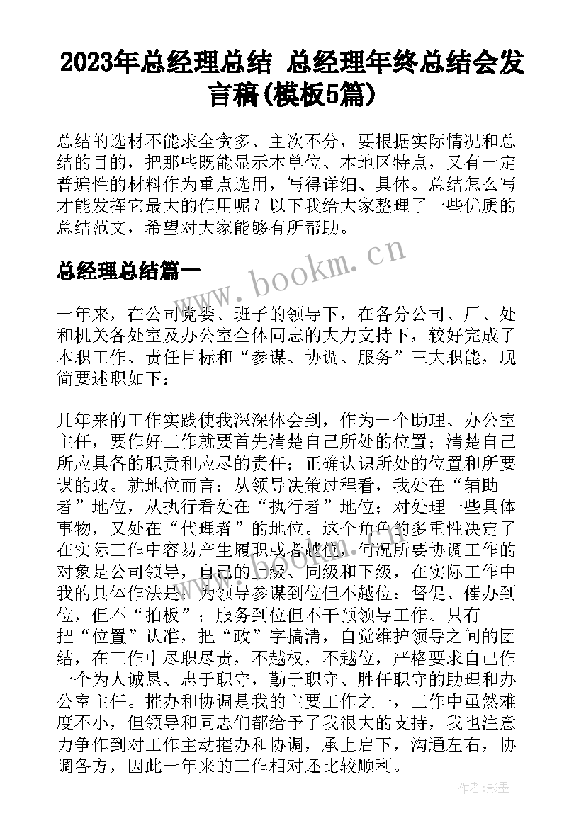 2023年总经理总结 总经理年终总结会发言稿(模板5篇)