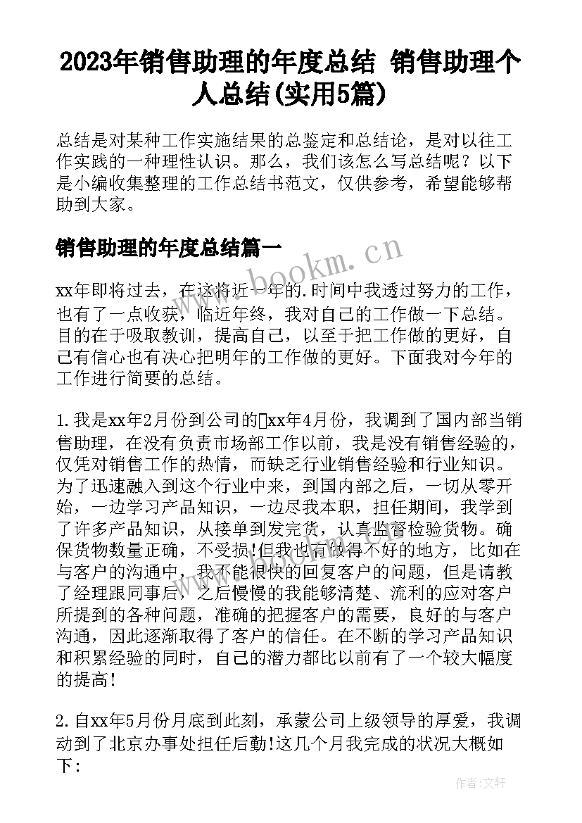 2023年销售助理的年度总结 销售助理个人总结(实用5篇)