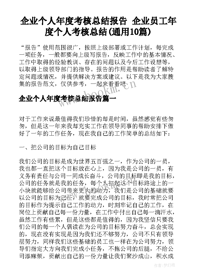 企业个人年度考核总结报告 企业员工年度个人考核总结(通用10篇)