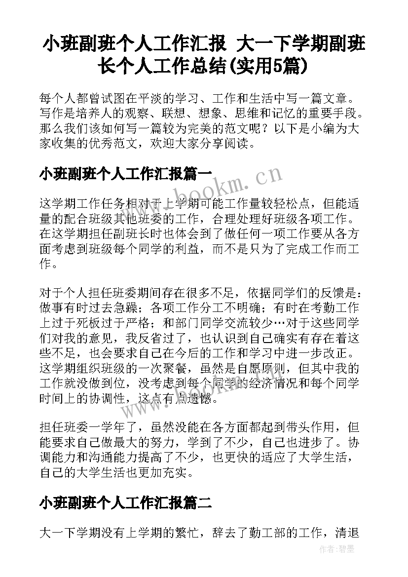 小班副班个人工作汇报 大一下学期副班长个人工作总结(实用5篇)