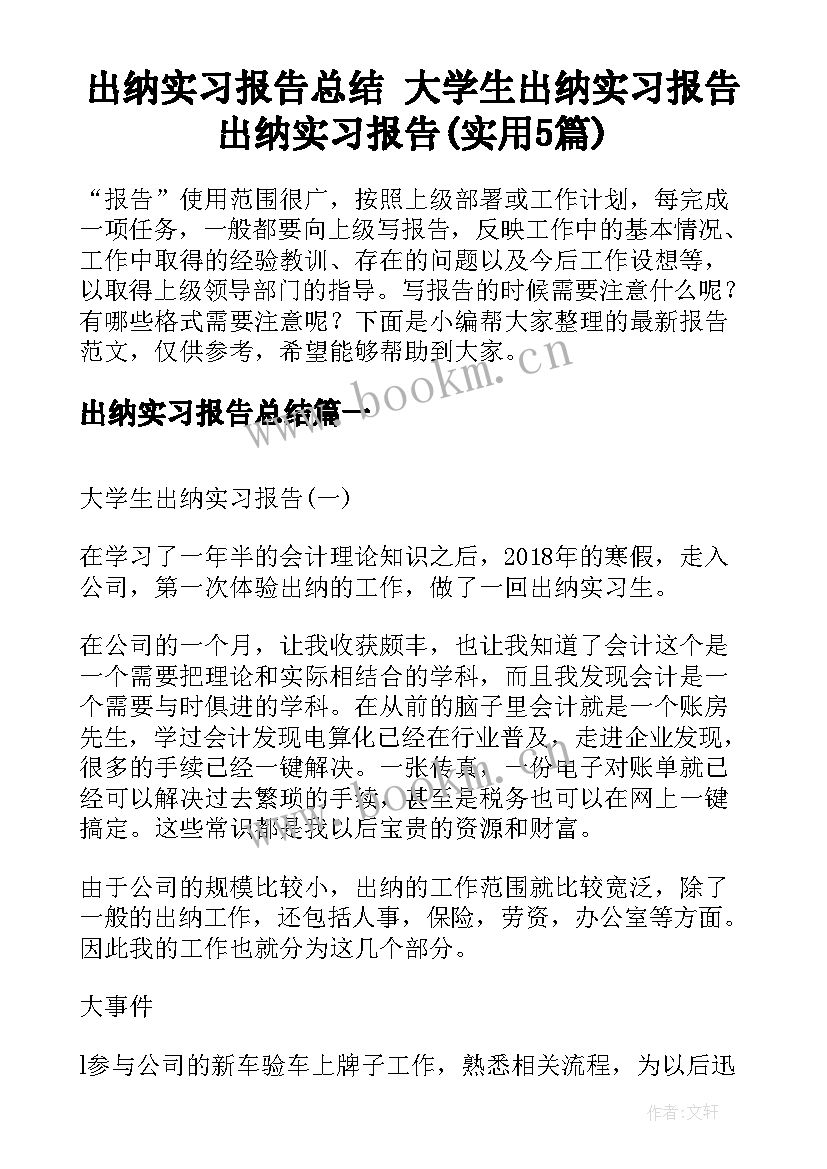 出纳实习报告总结 大学生出纳实习报告出纳实习报告(实用5篇)