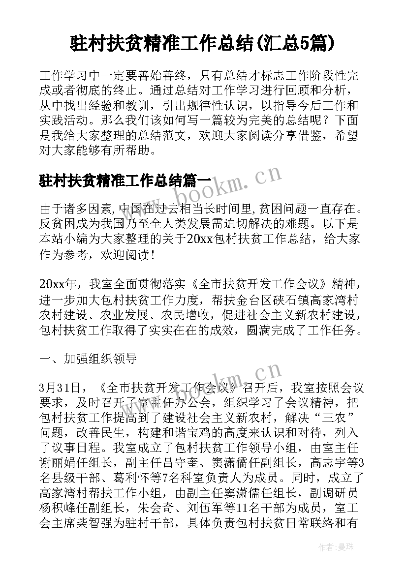 驻村扶贫精准工作总结(汇总5篇)