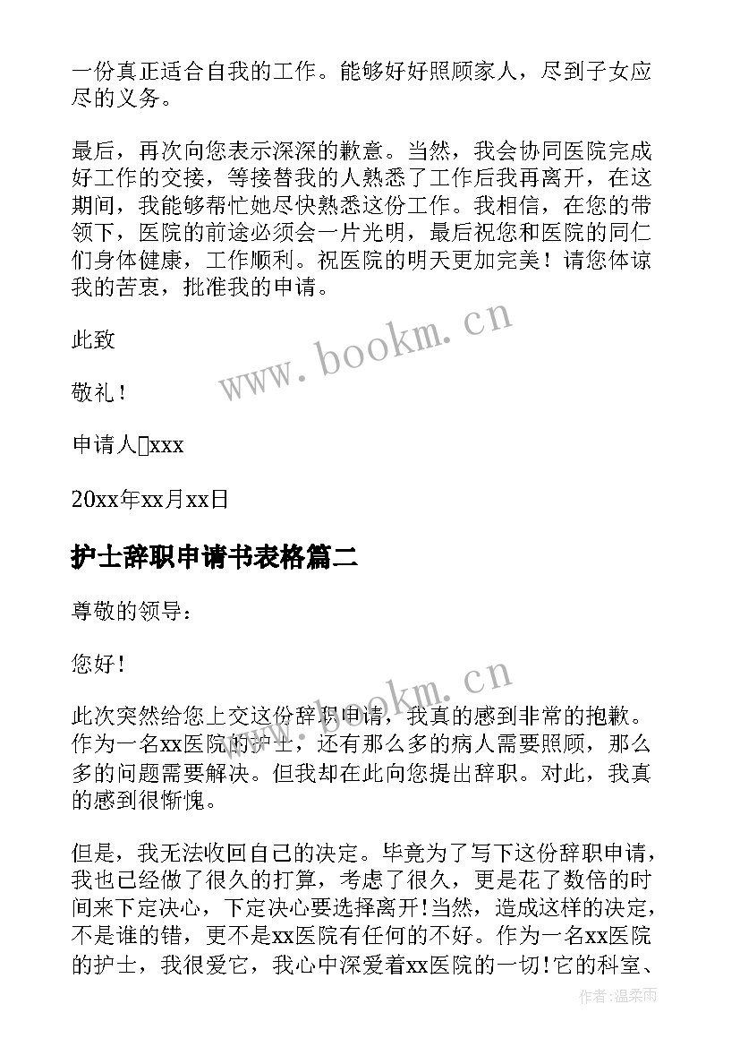 护士辞职申请书表格 护士辞职申请书(实用7篇)