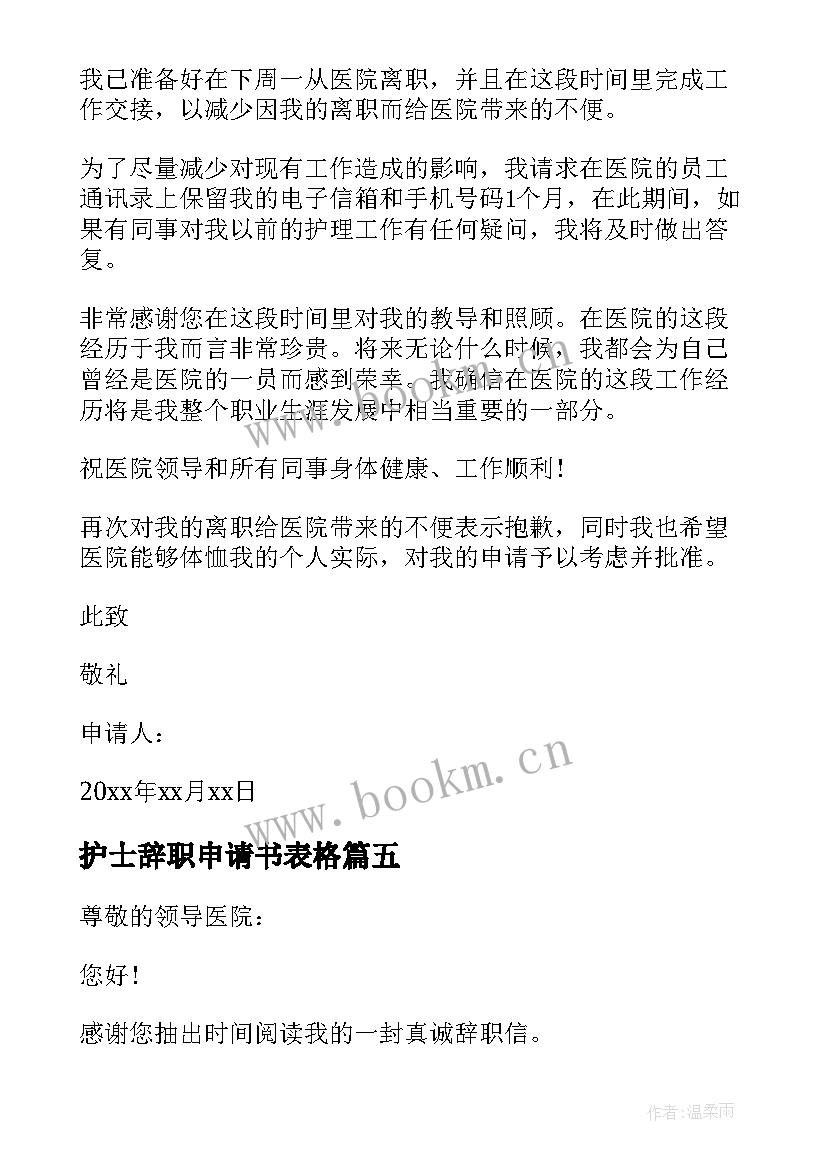 护士辞职申请书表格 护士辞职申请书(实用7篇)