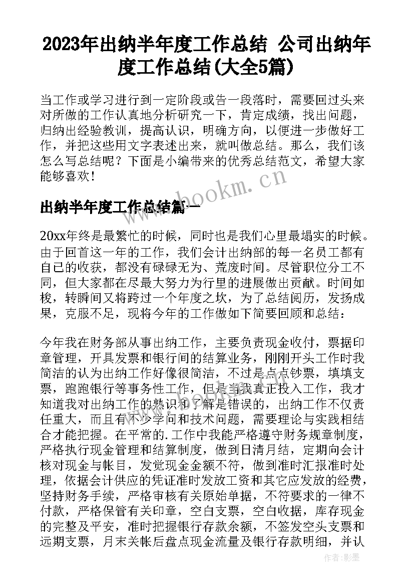 2023年出纳半年度工作总结 公司出纳年度工作总结(大全5篇)