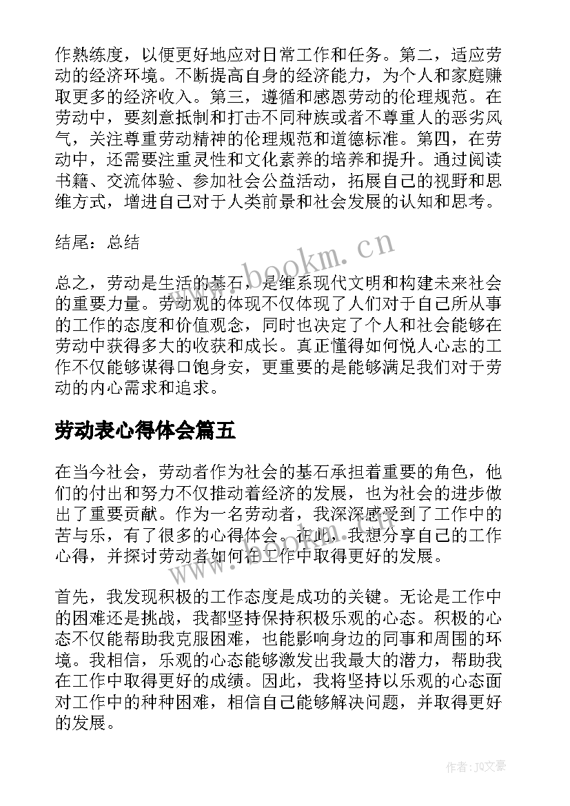 2023年劳动表心得体会 劳动者心得体会(汇总5篇)