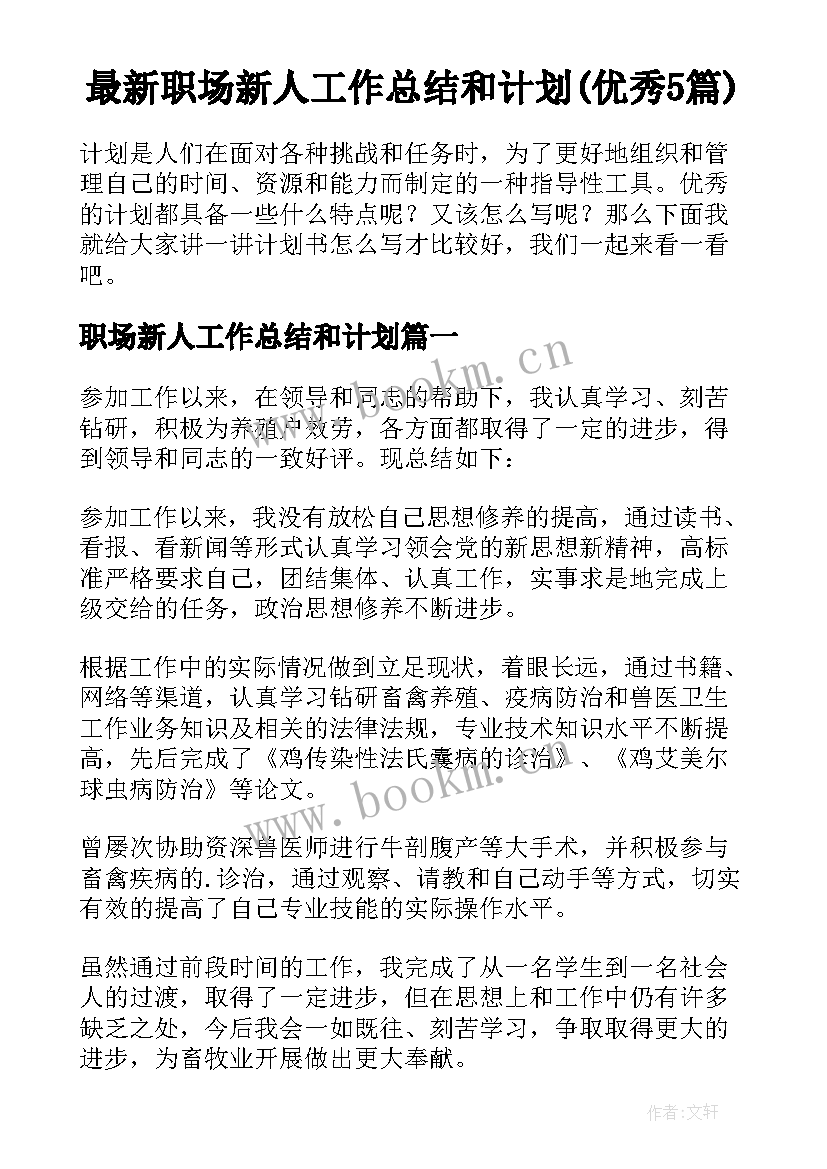 最新职场新人工作总结和计划(优秀5篇)