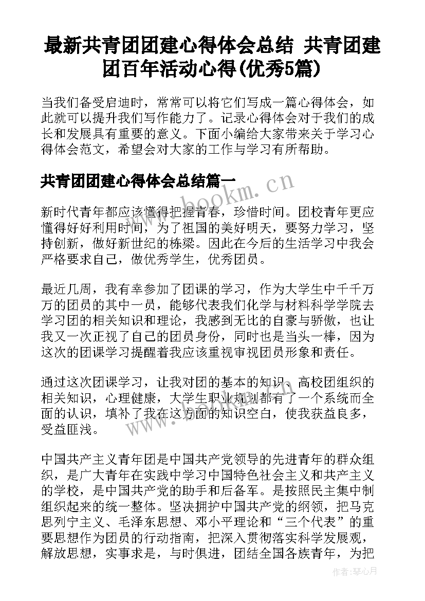 最新共青团团建心得体会总结 共青团建团百年活动心得(优秀5篇)