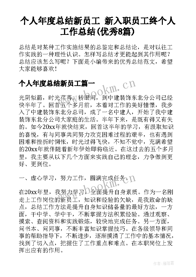 个人年度总结新员工 新入职员工终个人工作总结(优秀8篇)