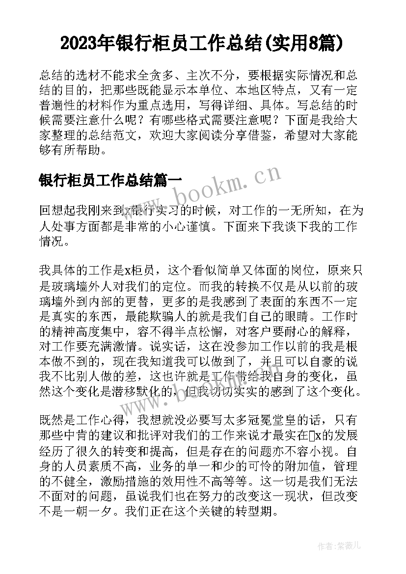 2023年银行柜员工作总结(实用8篇)