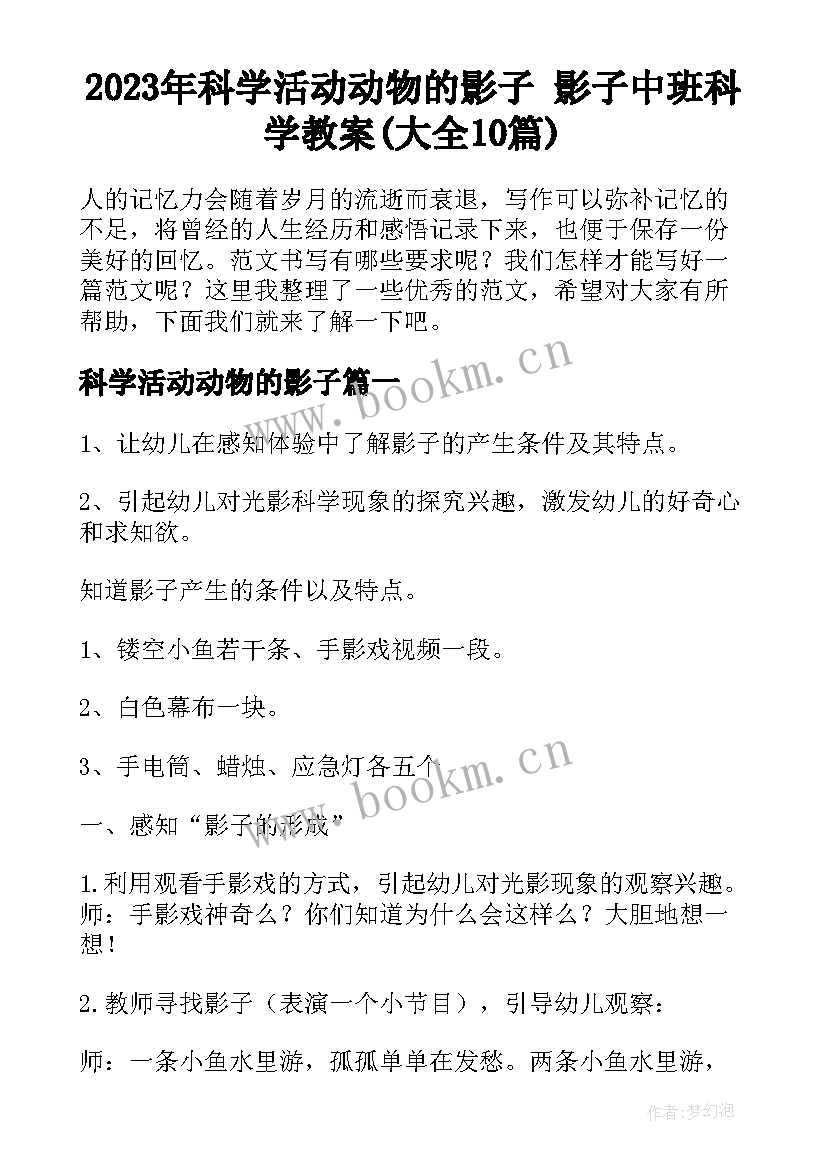 2023年科学活动动物的影子 影子中班科学教案(大全10篇)