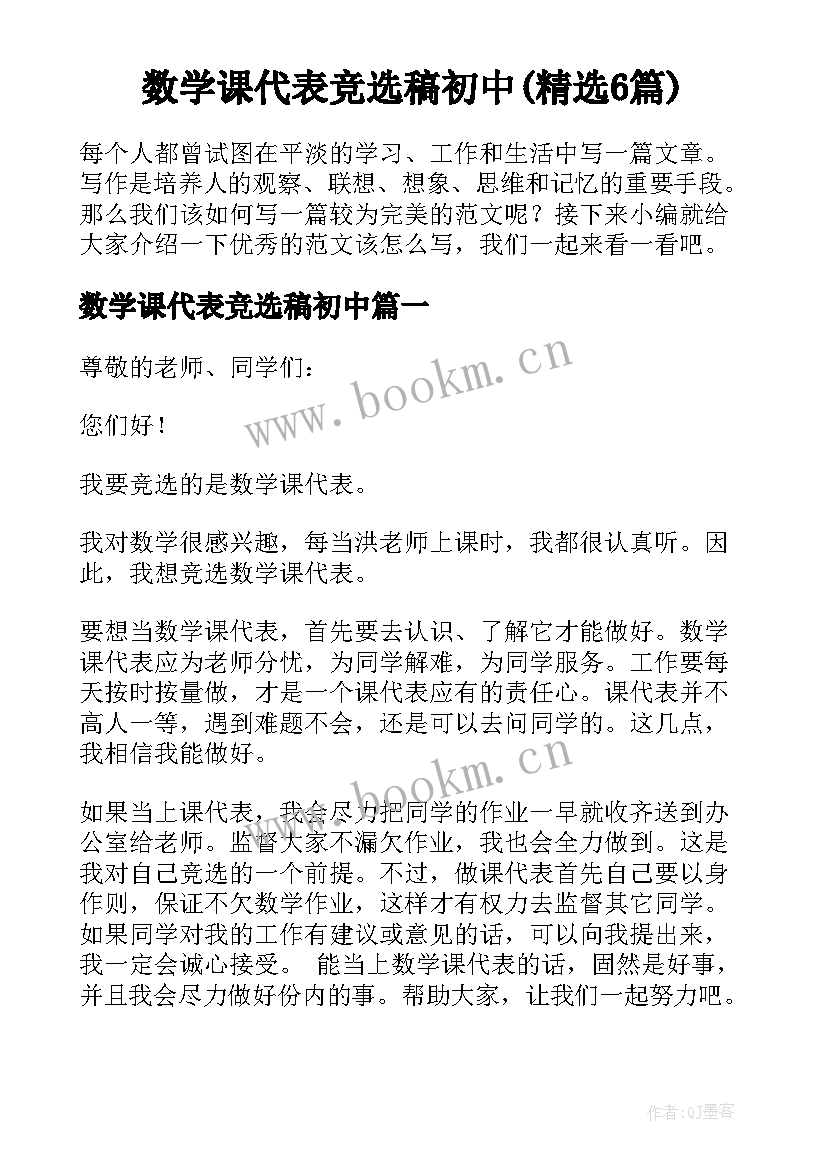 数学课代表竞选稿初中(精选6篇)