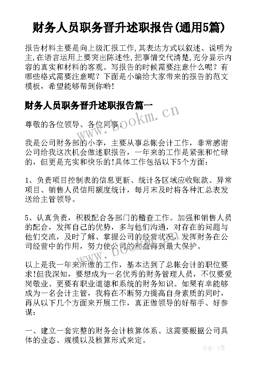 财务人员职务晋升述职报告(通用5篇)